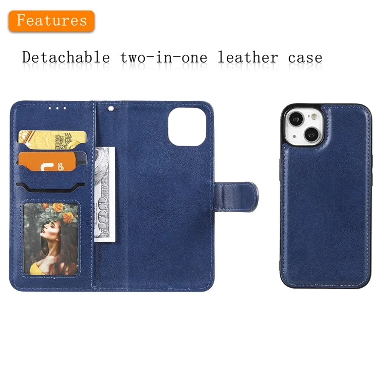 KT Leather Series-3 Für iPhone 15 Case PU Leder 2 in 1 Wallet Phone Cover Magnetisch Abnehmbar - Blau