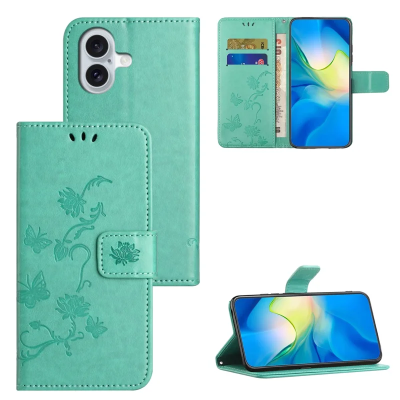 Custodia per iPhone 16 Plus in pelle PU Custodia portafoglio per telefono con motivo a farfalle e fiori - Ciano