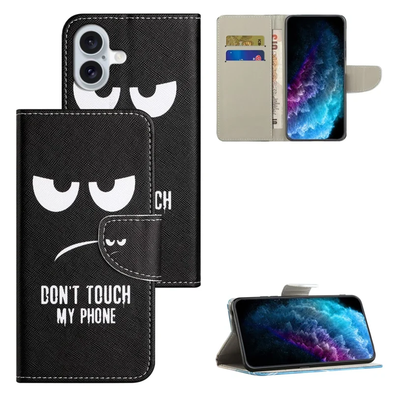 For iPhone 16 Plus Case Pattern Printing Cross Texture Phone Leather Cover - Don't Touch My Phone