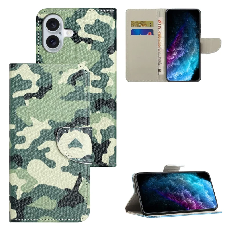 For iPhone 16 Plus Case Pattern Printing Cross Texture Phone Leather Cover - Camouflage