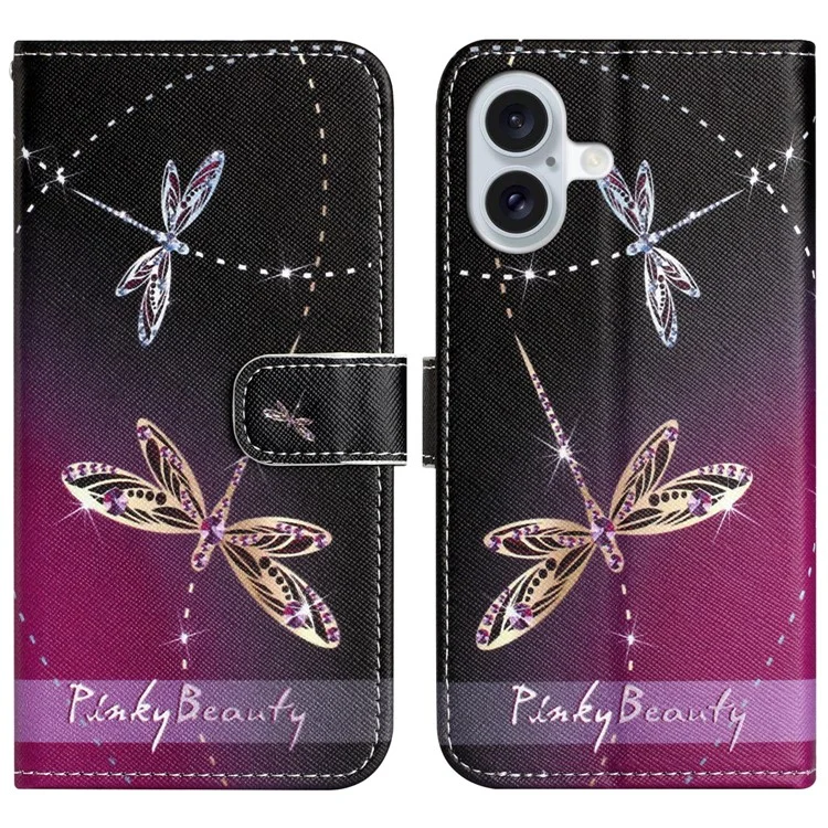Pour iPhone 16 Plus Case Pattern Print PU Leather Wallet Phone Cover Cross Texture - Dragonfly