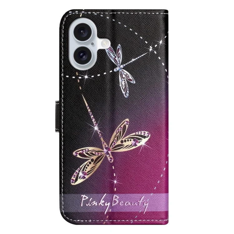 Pour iPhone 16 Plus Case Pattern Print PU Leather Wallet Phone Cover Cross Texture - Dragonfly