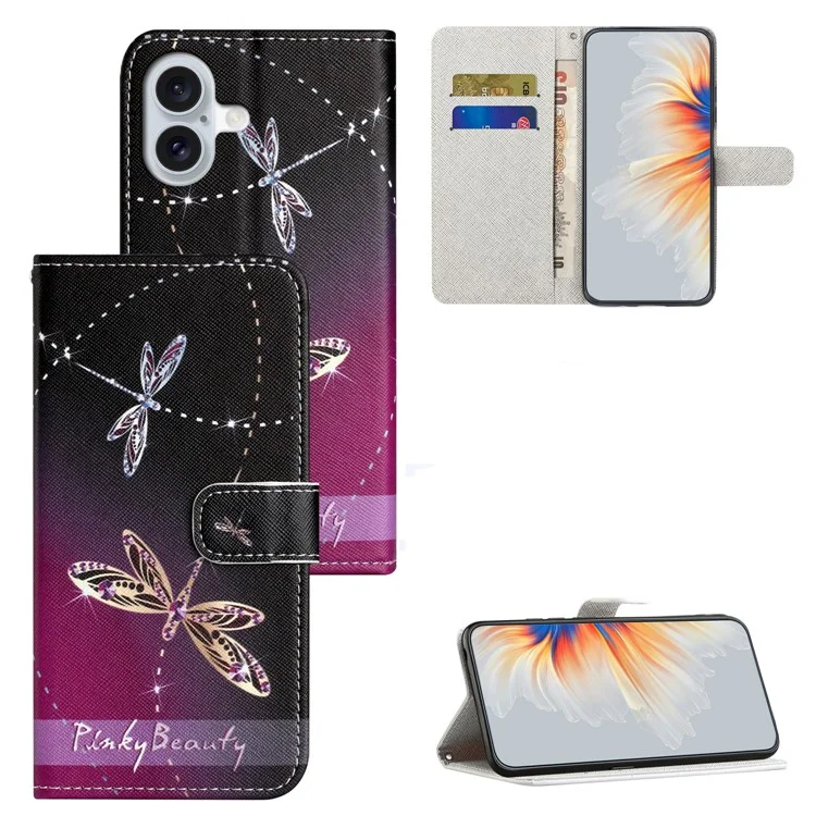 Pour iPhone 16 Plus Case Pattern Print PU Leather Wallet Phone Cover Cross Texture - Dragonfly