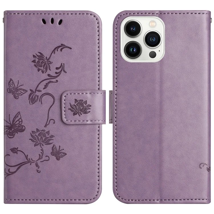 For iPhone 16 Pro Max Case Wallet Stand Butterfly Flower PU Leder Handyhülle - Lila