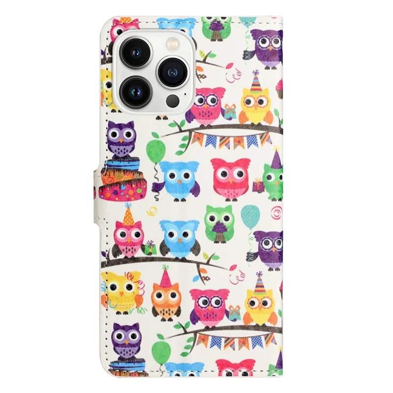 Für iPhone 16 Pro Max Case PU-Leder Geldbörsen-Handyhülle mit Musteraufdruck - Eulen Aufkleber