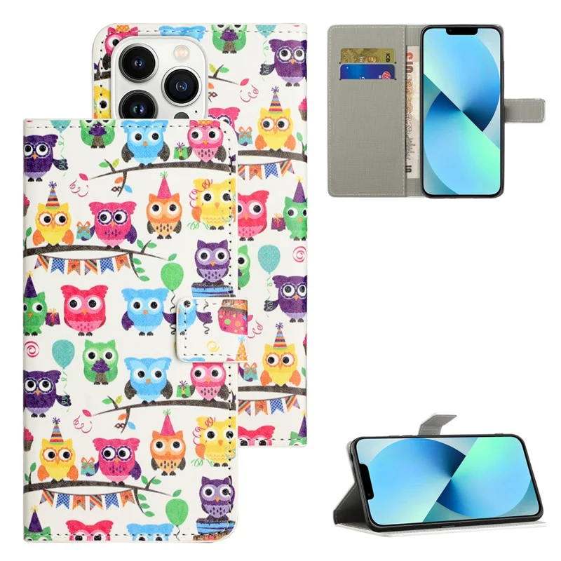 Für iPhone 16 Pro Max Case PU-Leder Geldbörsen-Handyhülle mit Musteraufdruck - Eulen Aufkleber