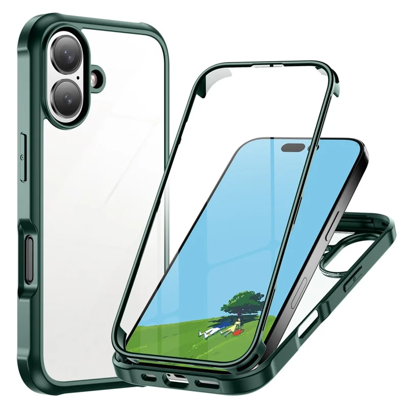 For iPhone 16 Case Double-Sided Tempered Glass+Silicone+TPU Full Protection Phone Cover - Midnight Green