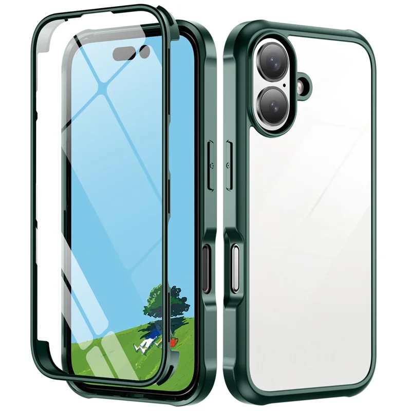 For iPhone 16 Case Double-Sided Tempered Glass+Silicone+TPU Full Protection Phone Cover - Midnight Green