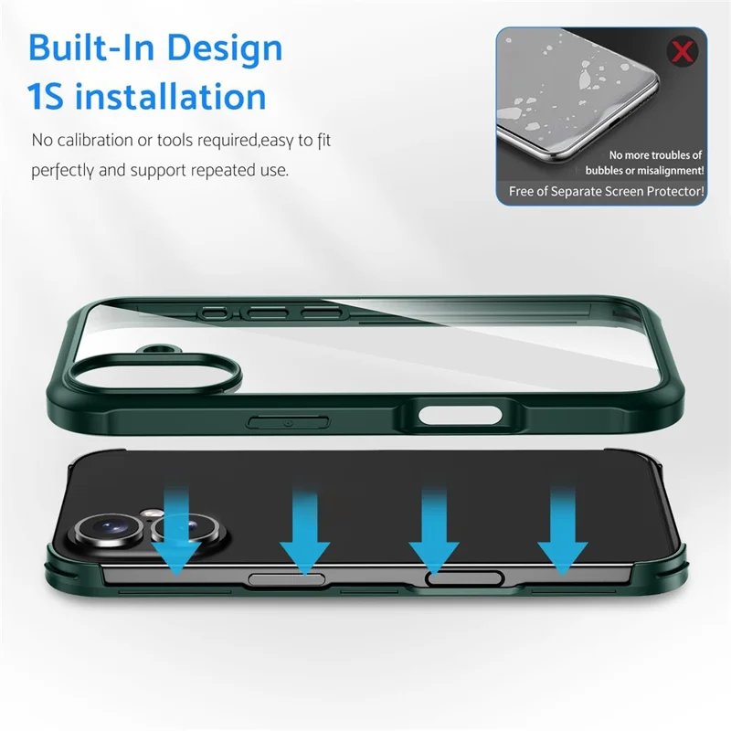 For iPhone 16 Case Double-Sided Tempered Glass+Silicone+TPU Full Protection Phone Cover - Midnight Green