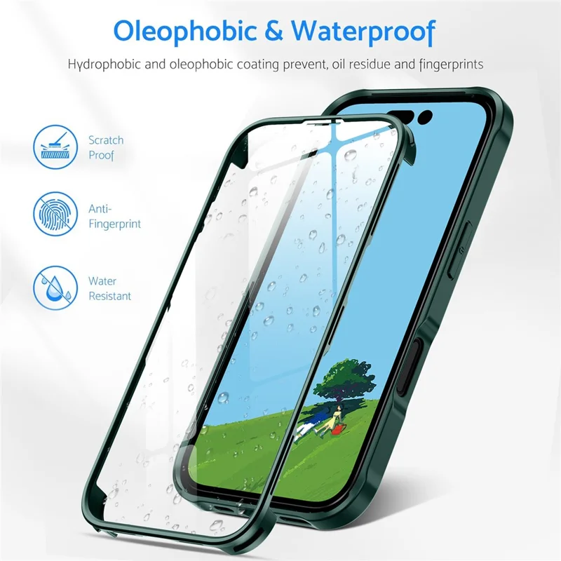 For iPhone 16 Case Double-Sided Tempered Glass+Silicone+TPU Full Protection Phone Cover - Midnight Green
