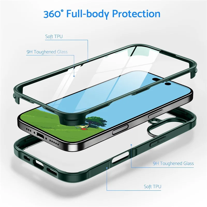 For iPhone 16 Case Double-Sided Tempered Glass+Silicone+TPU Full Protection Phone Cover - Midnight Green