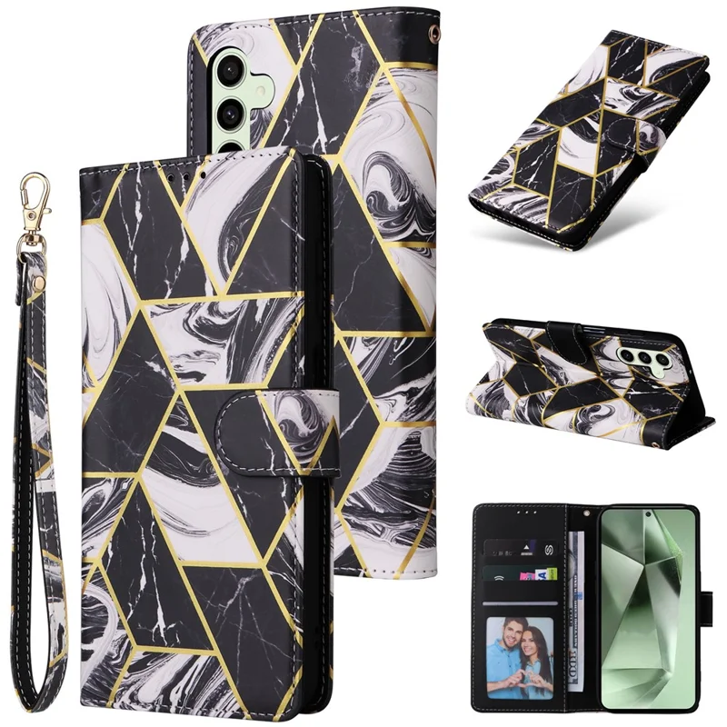 For Samsung Galaxy S24 FE Case Lacquered Marble Pattern Leather Phone Cover - Black