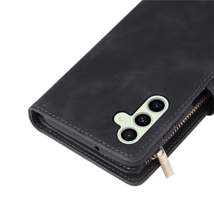 Para o Samsung Galaxy S24 FE Case Zipper Wallet PU Leather Flip Phone Cover - Preto