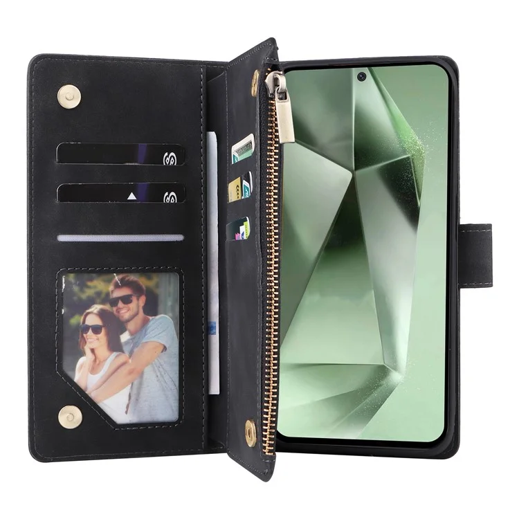 Para o Samsung Galaxy S24 FE Case Zipper Wallet PU Leather Flip Phone Cover - Preto