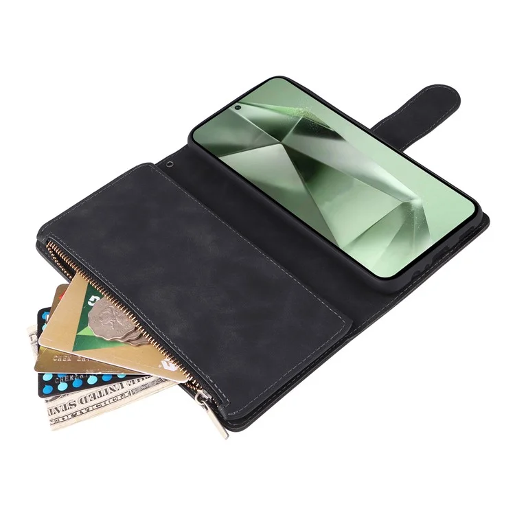 Para o Samsung Galaxy S24 FE Case Zipper Wallet PU Leather Flip Phone Cover - Preto