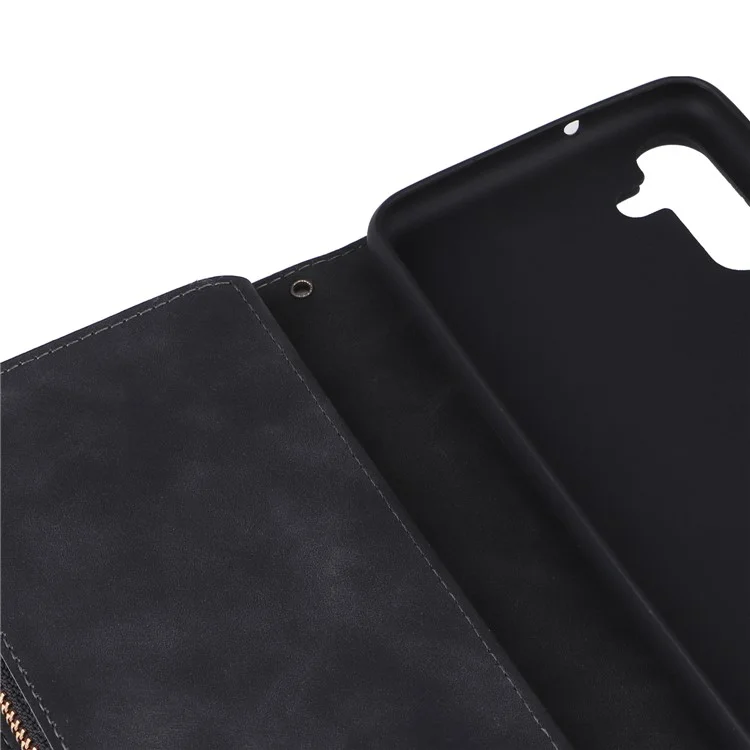 Para o Samsung Galaxy S24 FE Case Zipper Wallet PU Leather Flip Phone Cover - Preto