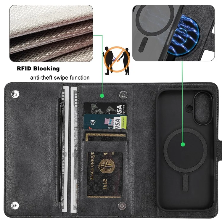 VILI GVB Series for iPhone 16 Magnetic Case Wallet Detachable PU Leather Phone Cover - Black