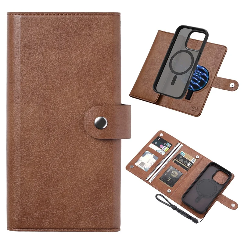 VILI GVA Series for iPhone 16 Pro Max Magnetic Case Detachable Leather Wallet Cover - Brown