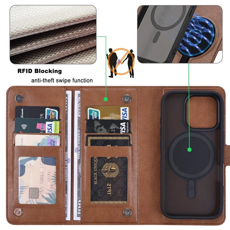 VILI GVA Series for iPhone 16 Pro Max Magnetic Case Detachable Leather Wallet Cover - Brown