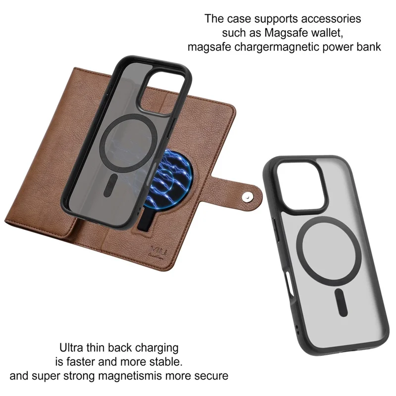 VILI GVA Series for iPhone 16 Pro Max Magnetic Case Detachable Leather Wallet Cover - Brown