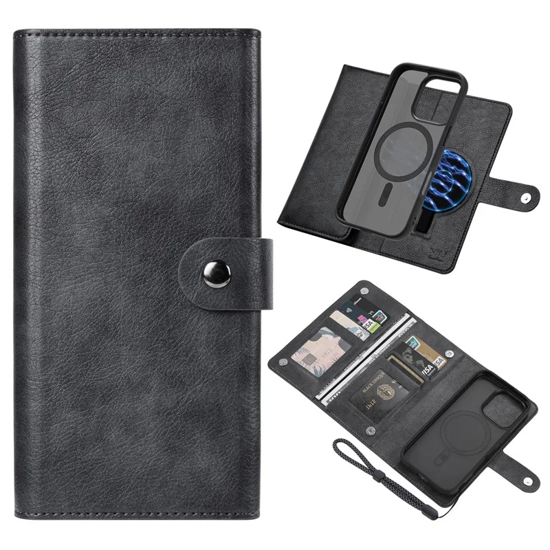 VILI GVA Series for iPhone 16 Pro Capa Magnética para Telefone de Couro Destacável 2 em 1 - Preto