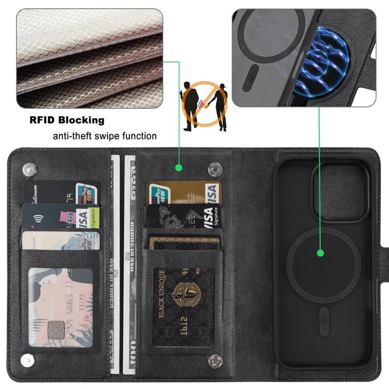 VILI GVA Series for iPhone 16 Pro Capa Magnética para Telefone de Couro Destacável 2 em 1 - Preto