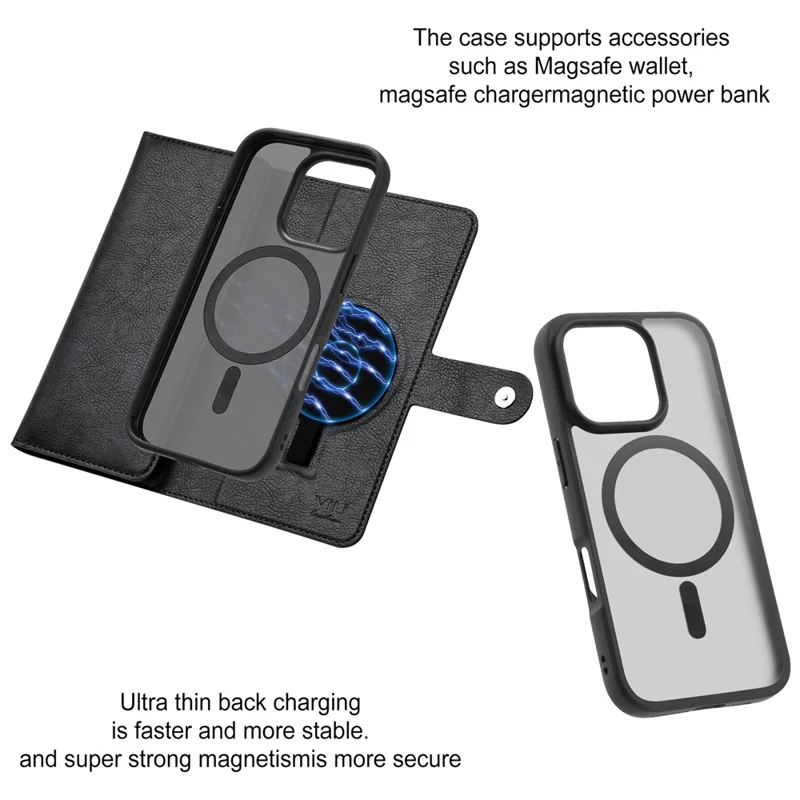 VILI GVA Series for iPhone 16 Pro Capa Magnética para Telefone de Couro Destacável 2 em 1 - Preto