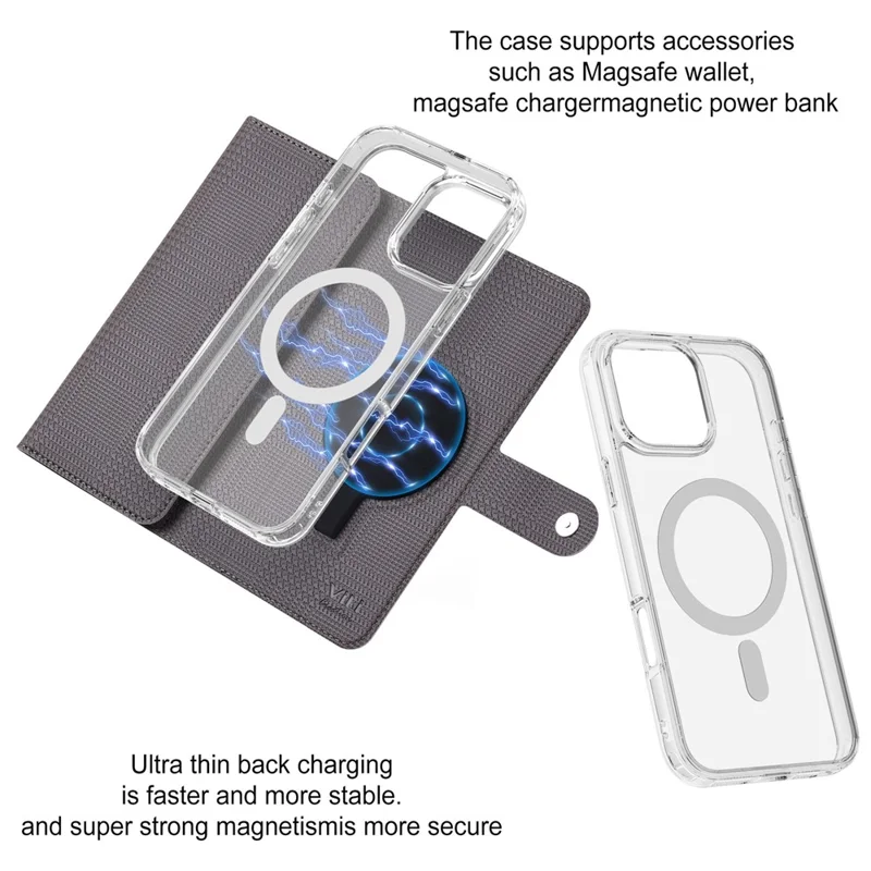 VILI GHB-C Series for iPhone 16 Pro Max Magnetic Case Detachable Leather Clear Phone Cover - Grey
