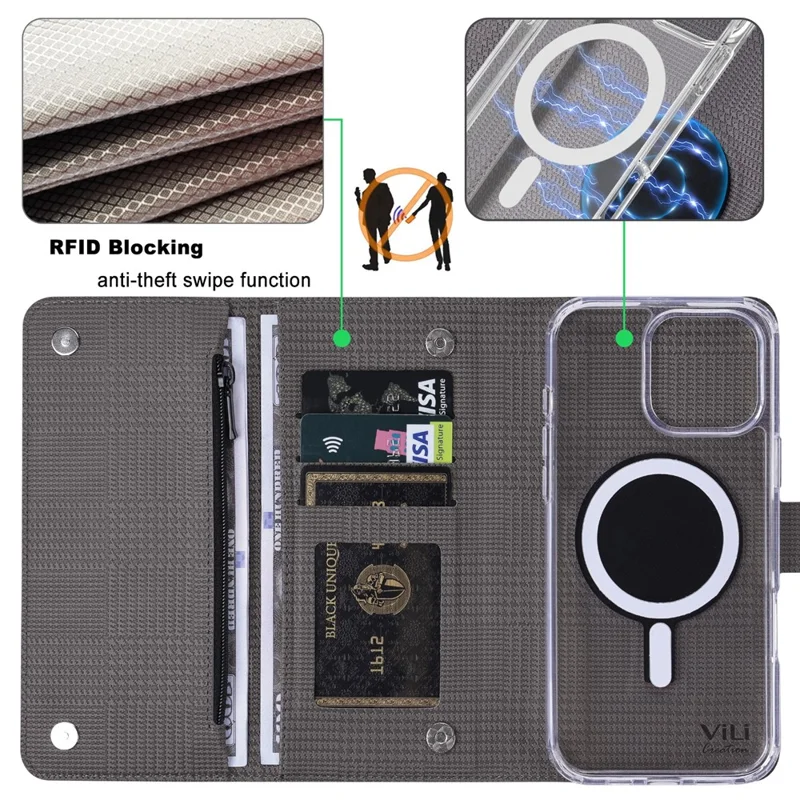 VILI GHB-C Series for iPhone 16 Pro Max Magnetic Case Detachable Leather Clear Phone Cover - Grey