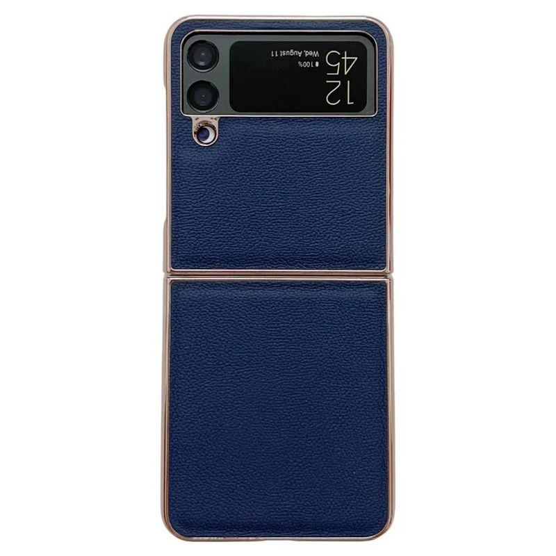 Anti-Drop Phone Case for Samsung Galaxy Z Flip4 5G Shockproof Cover Electroplating Genuine Leather+TPU+PC Phone Case - Blue