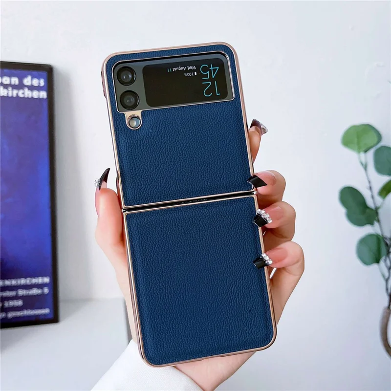 Anti-Drop Phone Case for Samsung Galaxy Z Flip4 5G Shockproof Cover Electroplating Genuine Leather+TPU+PC Phone Case - Blue