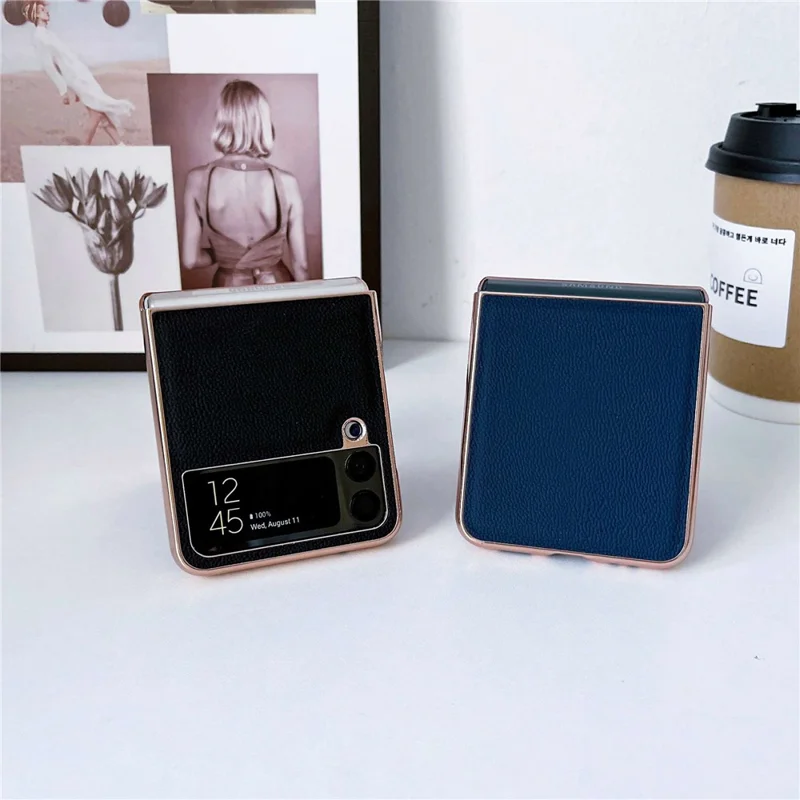 Anti-Drop Phone Case for Samsung Galaxy Z Flip4 5G Shockproof Cover Electroplating Genuine Leather+TPU+PC Phone Case - Blue