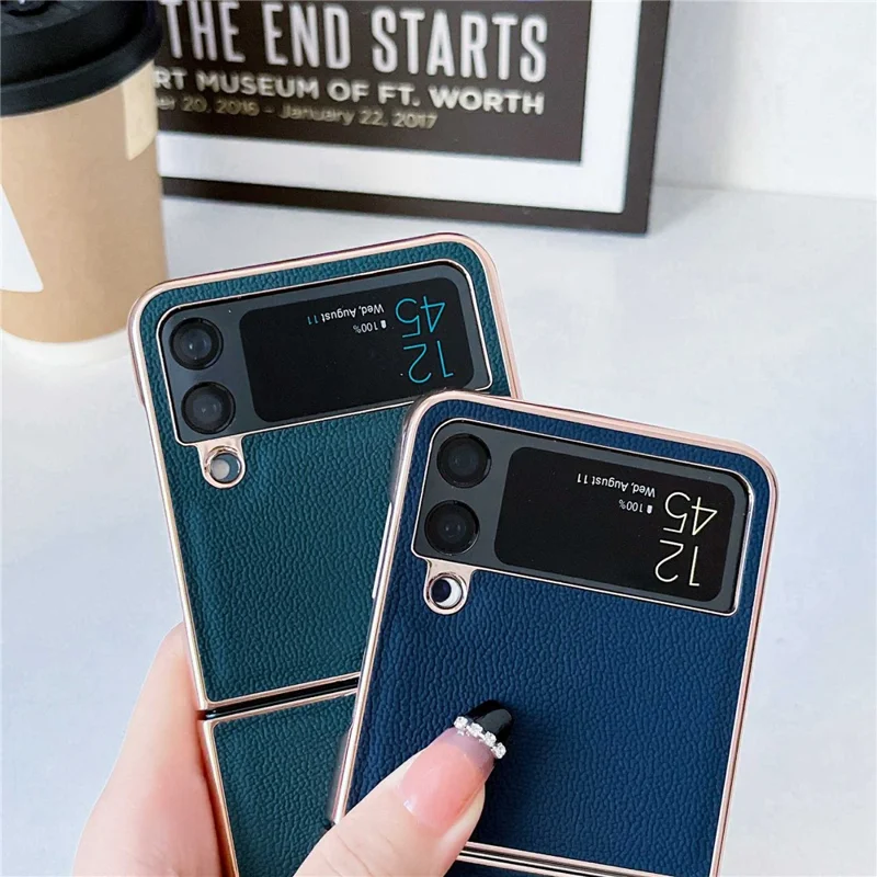 Anti-Drop Phone Case for Samsung Galaxy Z Flip4 5G Shockproof Cover Electroplating Genuine Leather+TPU+PC Phone Case - Blue