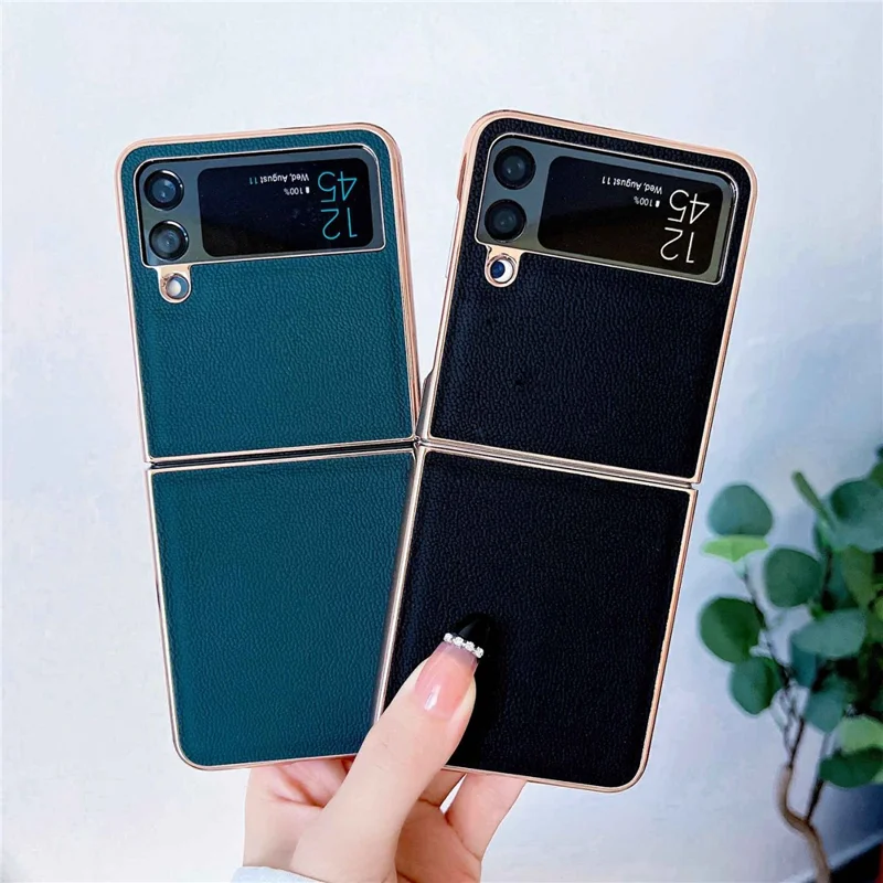 Anti-Drop Phone Case for Samsung Galaxy Z Flip4 5G Shockproof Cover Electroplating Genuine Leather+TPU+PC Phone Case - Blue