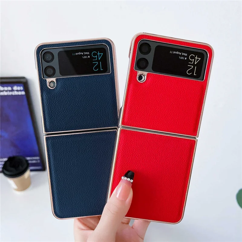Anti-Drop Phone Case for Samsung Galaxy Z Flip4 5G Shockproof Cover Electroplating Genuine Leather+TPU+PC Phone Case - Blue