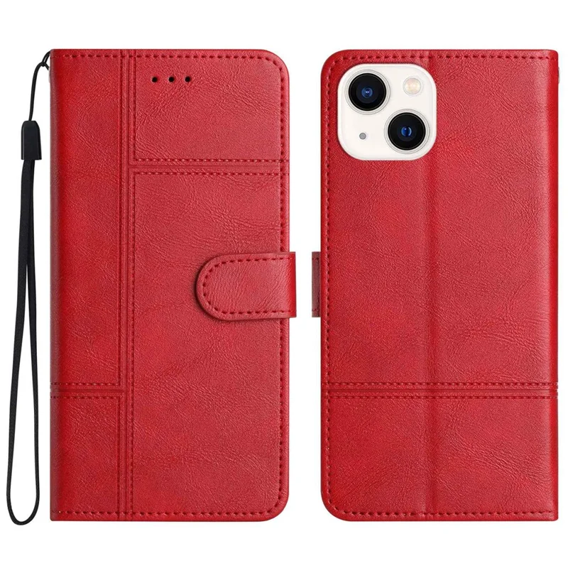 Anti-drop Phone Wallet Case For iPhone 13 6.1 inch, Business Style PU Leather Folio Flip Cover Folding Stand with Strap - Red