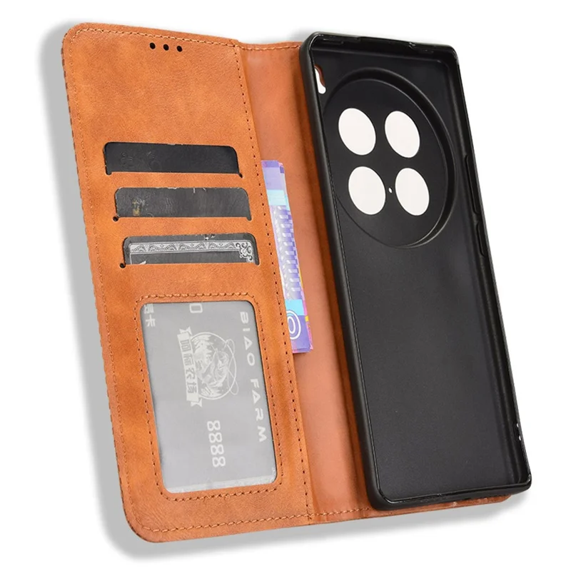 Para vivo X100 Ultra 5G Wallet Case Retro PU Leather Stand Phone Cover - Marrom