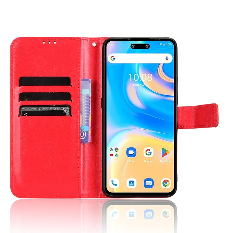 For Umidigi G6 Case Crazy Horse Texture Leather Wallet Phone Cover with Strap - Red