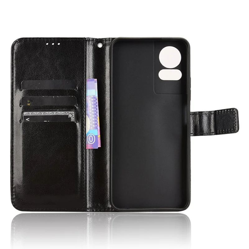 For TCL 50 LE Case Leather Wallet Phone Cover Crazy Horse Texture - Black