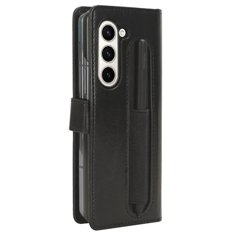 For Samsung Galaxy Z Fold6 5G Phone Case Pencil Slot Stand Leather Cover Crazy Horse Texture - Black