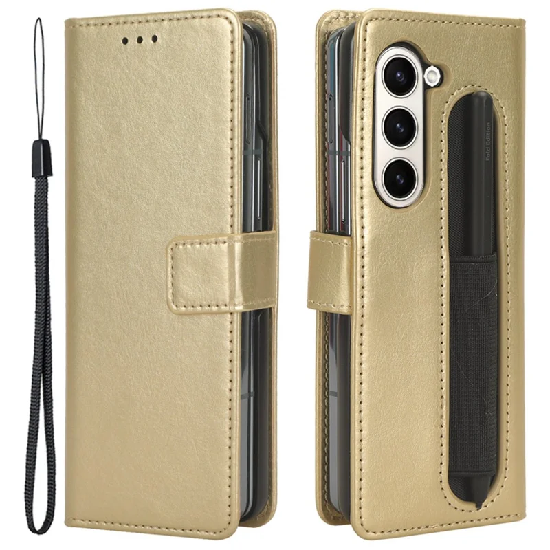 For Samsung Galaxy Z Fold6 5G Phone Case Pencil Slot Stand Leather Cover Crazy Horse Texture - Gold