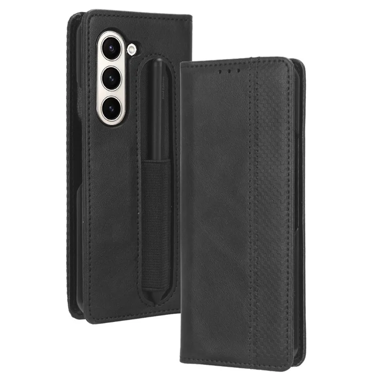 Für Samsung Galaxy Z Fold6 5G Case mit Stifthalter Retro PU-Leder Handyhülle - Schwarz