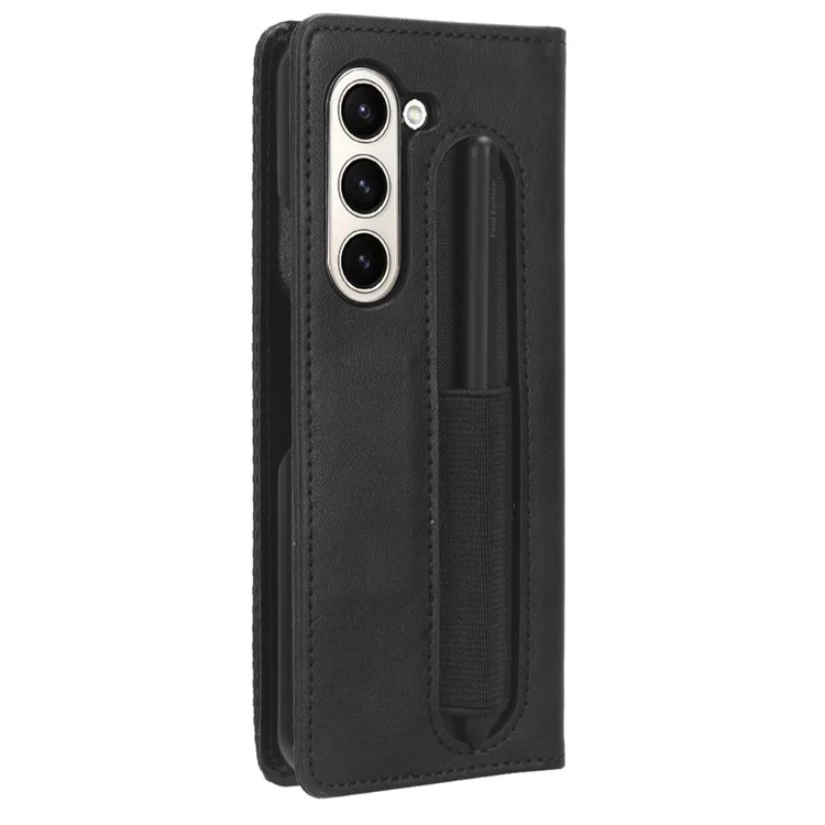 Für Samsung Galaxy Z Fold6 5G Case mit Stifthalter Retro PU-Leder Handyhülle - Schwarz