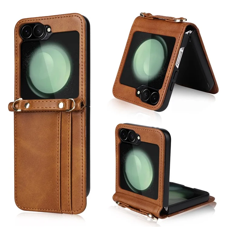 Für Samsung Galaxy Z Flip6 5G Case Kartenfächer Leder Handyhülle mit Schlaufe - Braun