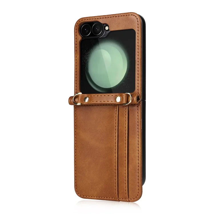 Für Samsung Galaxy Z Flip6 5G Case Kartenfächer Leder Handyhülle mit Schlaufe - Braun