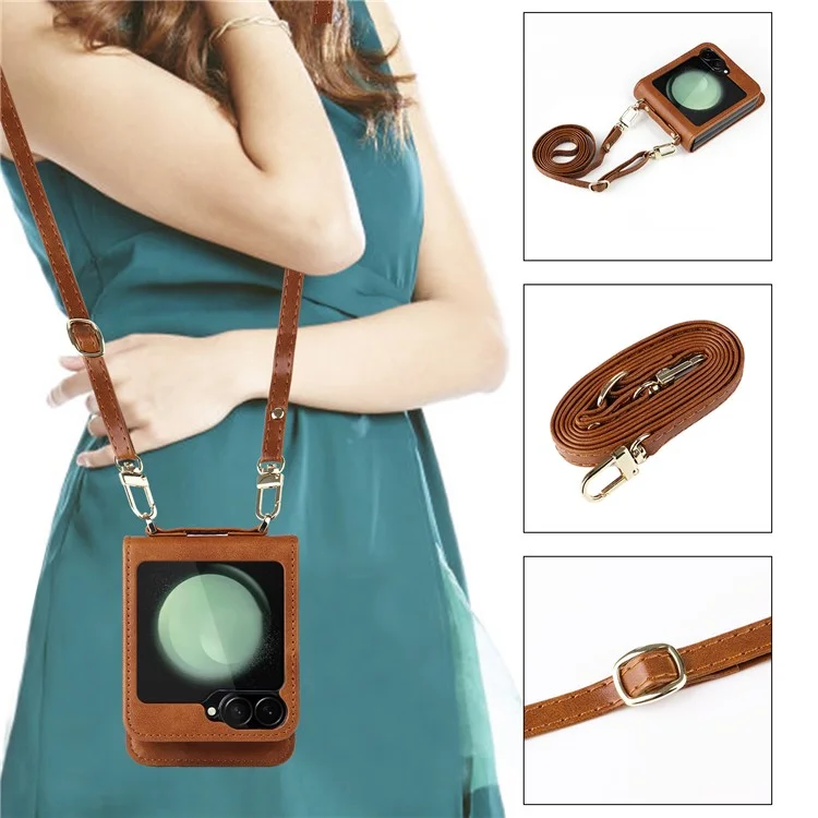 Für Samsung Galaxy Z Flip6 5G Case Kartenfächer Leder Handyhülle mit Schlaufe - Braun