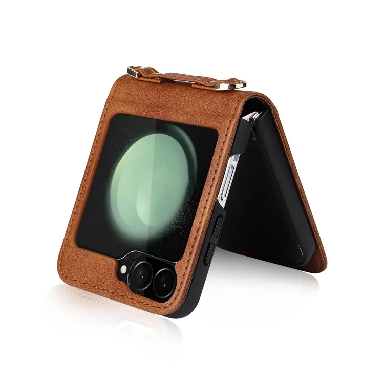 Für Samsung Galaxy Z Flip6 5G Case Kartenfächer Leder Handyhülle mit Schlaufe - Braun