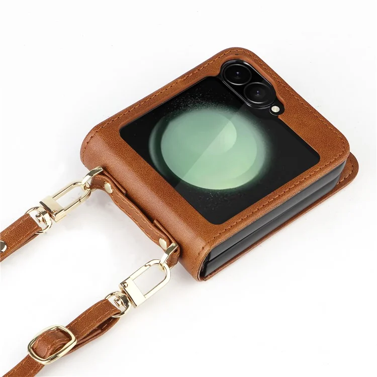 Für Samsung Galaxy Z Flip6 5G Case Kartenfächer Leder Handyhülle mit Schlaufe - Braun