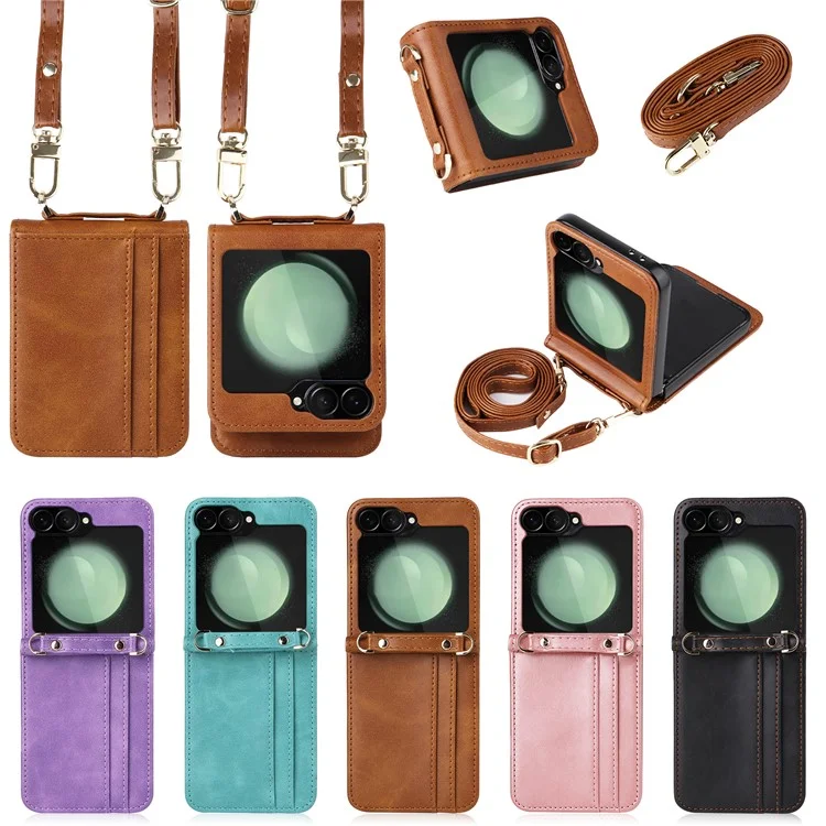 Für Samsung Galaxy Z Flip6 5G Case Kartenfächer Leder Handyhülle mit Schlaufe - Braun
