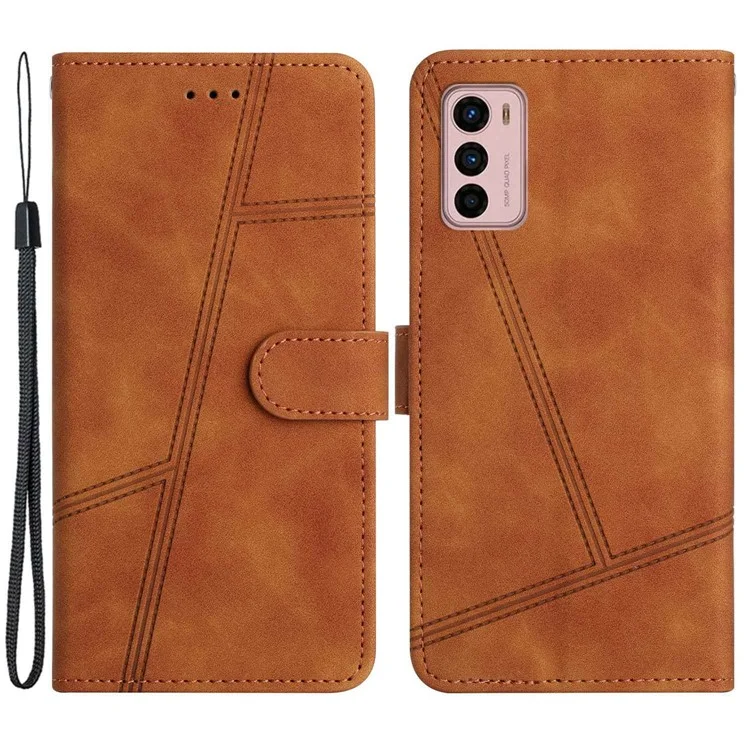Para Motorola Moto G42 4G Linhas Decoração Retro Tocador de Pele Com Capa de Couro PU Capa de Carteira de Smartphone à Prova de Choque de Casca - Castanho